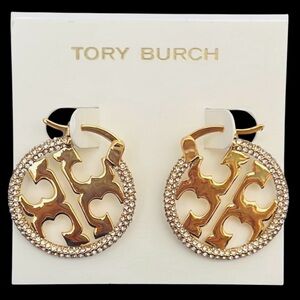 New Tory Burch Miller Gold-tone with Pave 1” Hoop Earrings on TB Earring Card